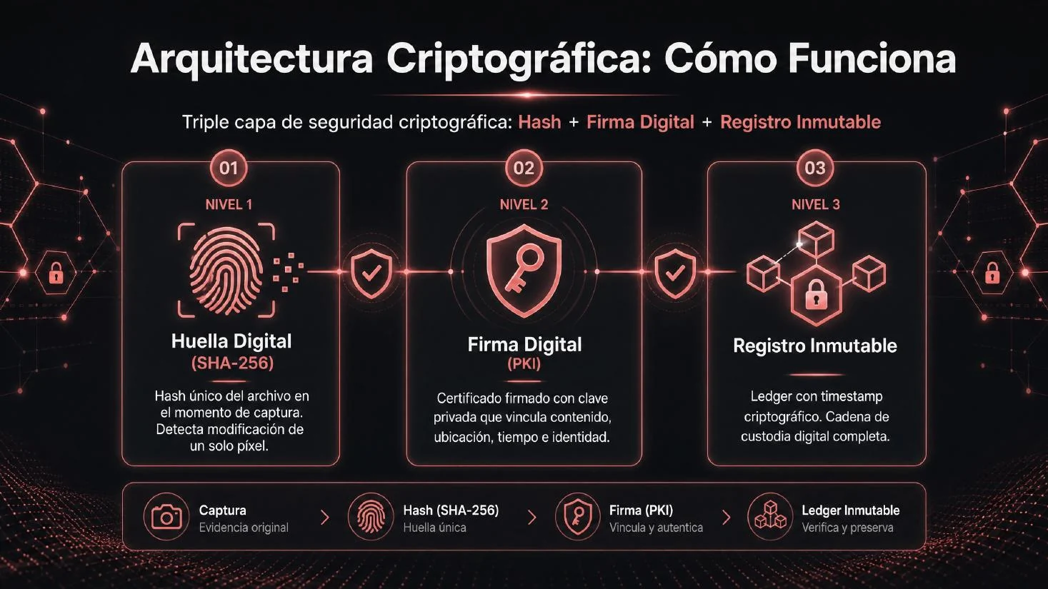 Infografía de arquitectura criptográfica con huella digital, firma digital y registro inmutable