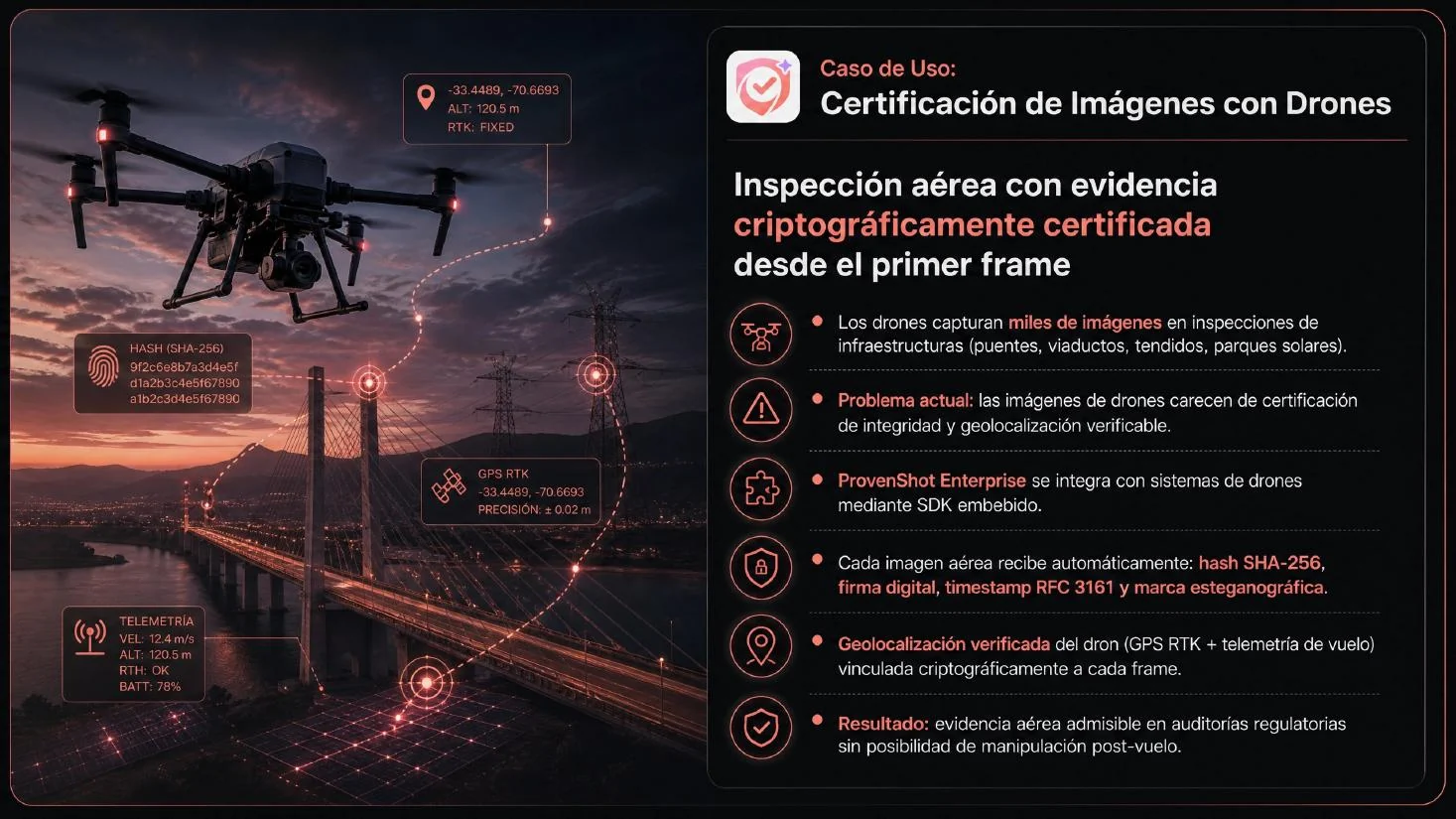 Infografía de certificación criptográfica de imágenes capturadas con drones