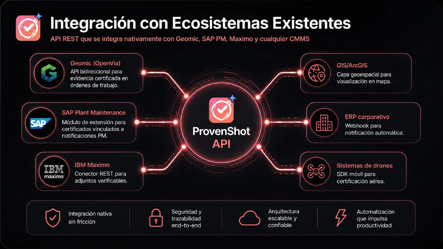 Infografía de integración de ProvenShot Enterprise con GIS, SAP, IBM Maximo, ERP y sistemas de drones